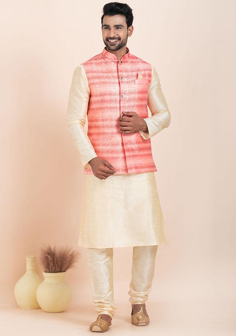Gold Solid Silk Kurta Set For Men