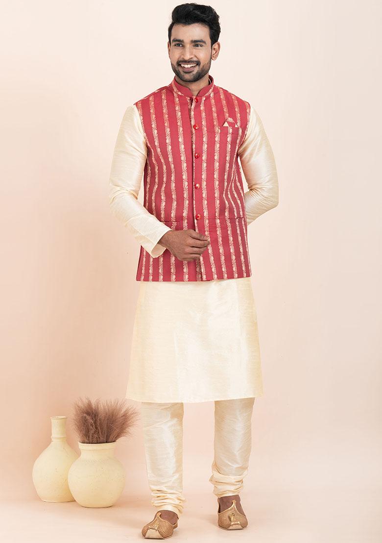 Gold Solid Silk Kurta Set For Men