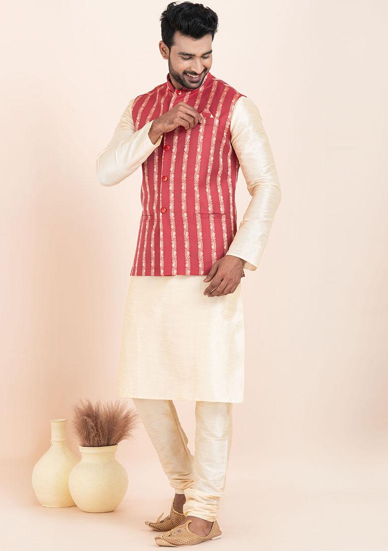 Gold Solid Silk Kurta Set For Men
