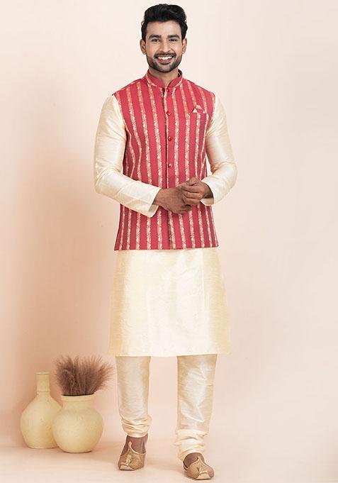 Gold Solid Silk Kurta Set For Men