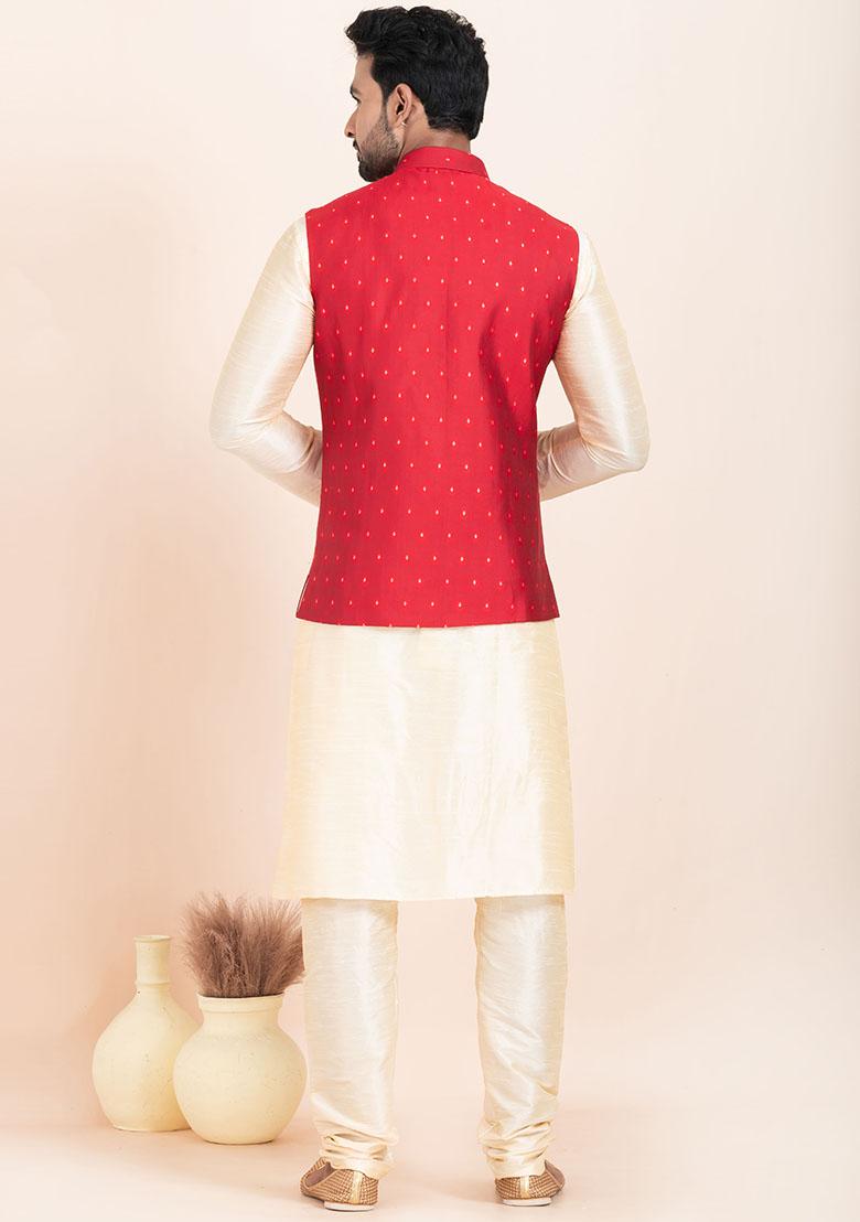 Gold Solid Silk Kurta Set For Men