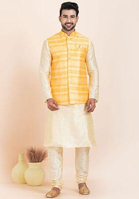 Gold Solid Silk Kurta Set For Men