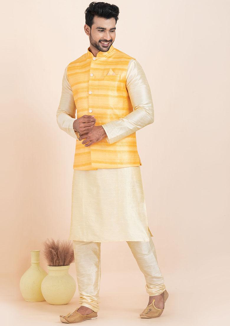 Gold Solid Silk Kurta Set For Men
