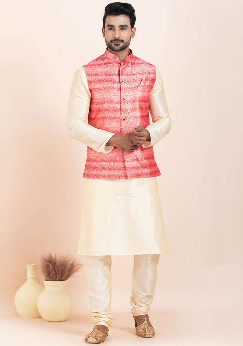 Gold Solid Silk Kurta Set For Men - Indya
