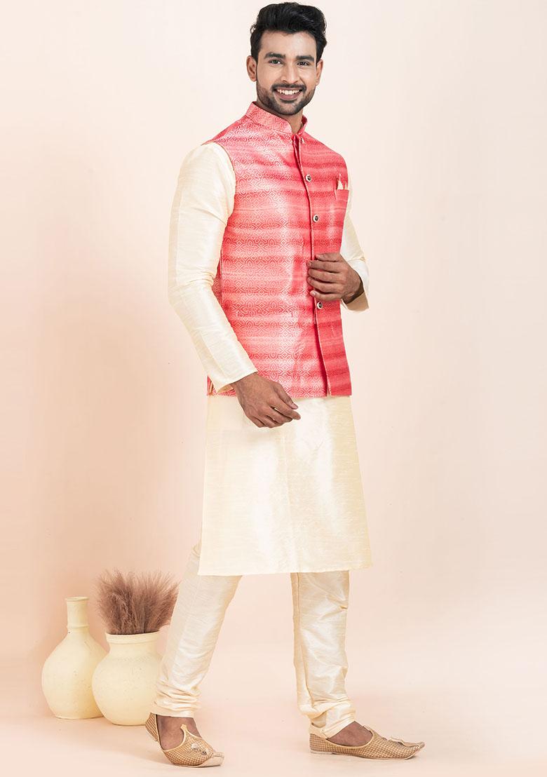 Gold Solid Silk Kurta Set For Men