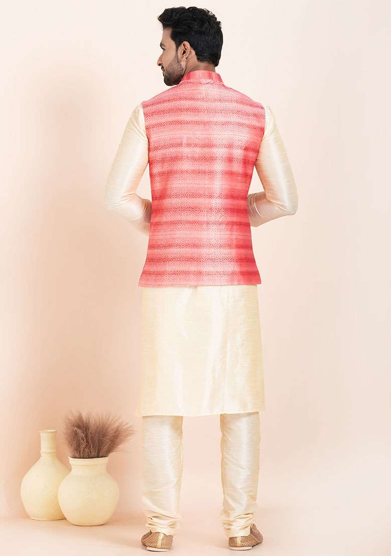Gold Solid Silk Kurta Set For Men - Indya