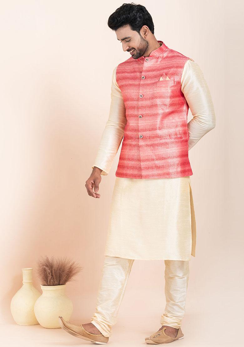 Gold Solid Silk Kurta Set For Men