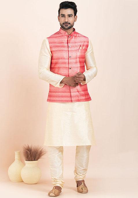 Gold Solid Silk Kurta Set For Men