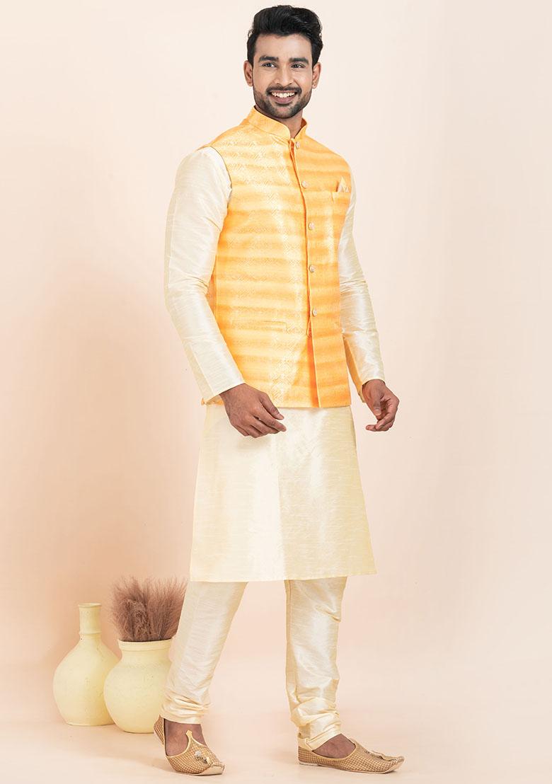 Gold Solid Silk Kurta Set For Men
