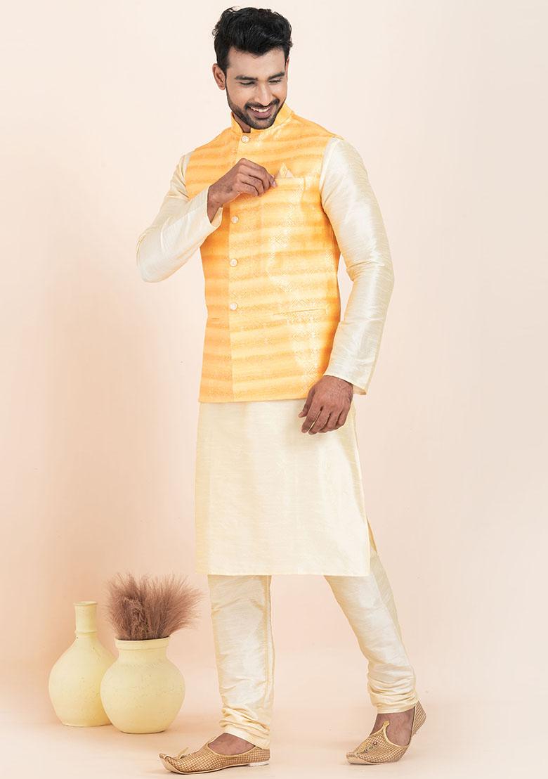Gold Solid Silk Kurta Set For Men