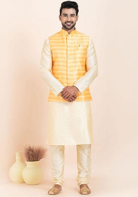 Gold Solid Silk Kurta Set For Men