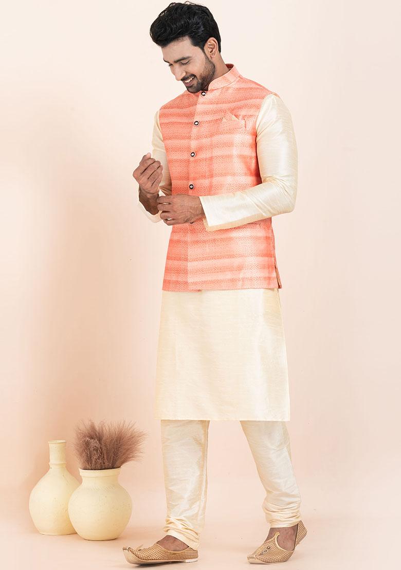 Gold Solid Silk Kurta Set For Men