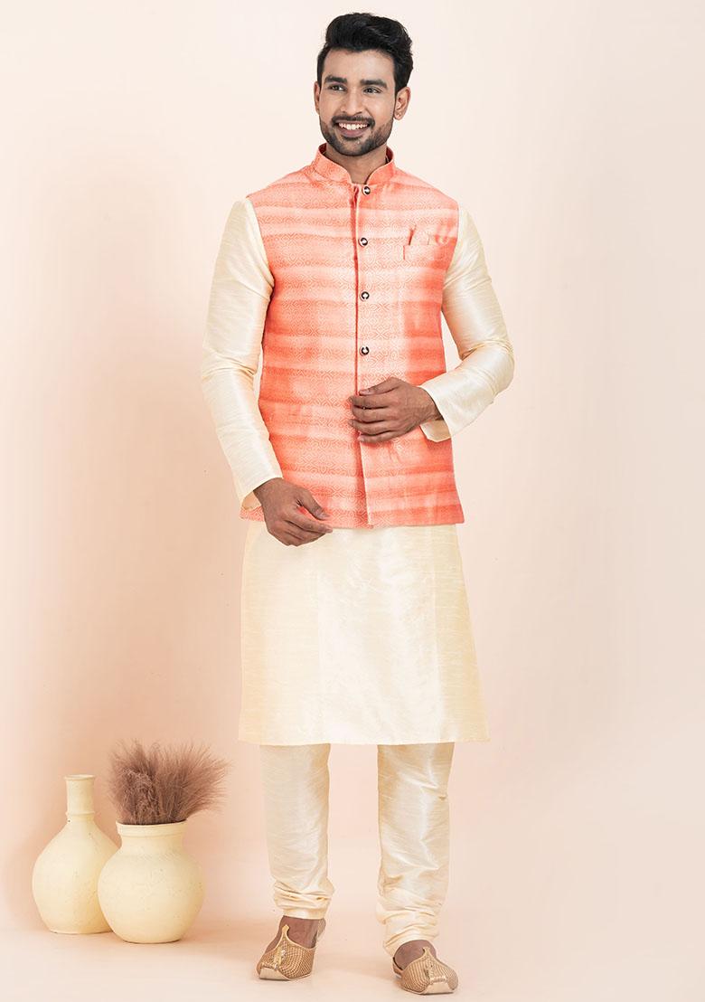 Gold Solid Silk Kurta Set For Men