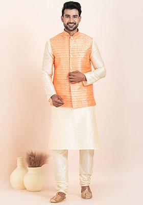 Gold Solid Silk Kurta Set For Men