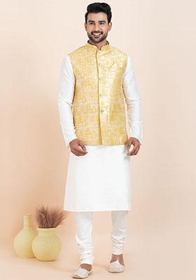 White Solid Silk Kurta Set For Men