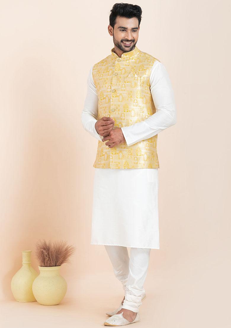 White Solid Silk Kurta Set For Men