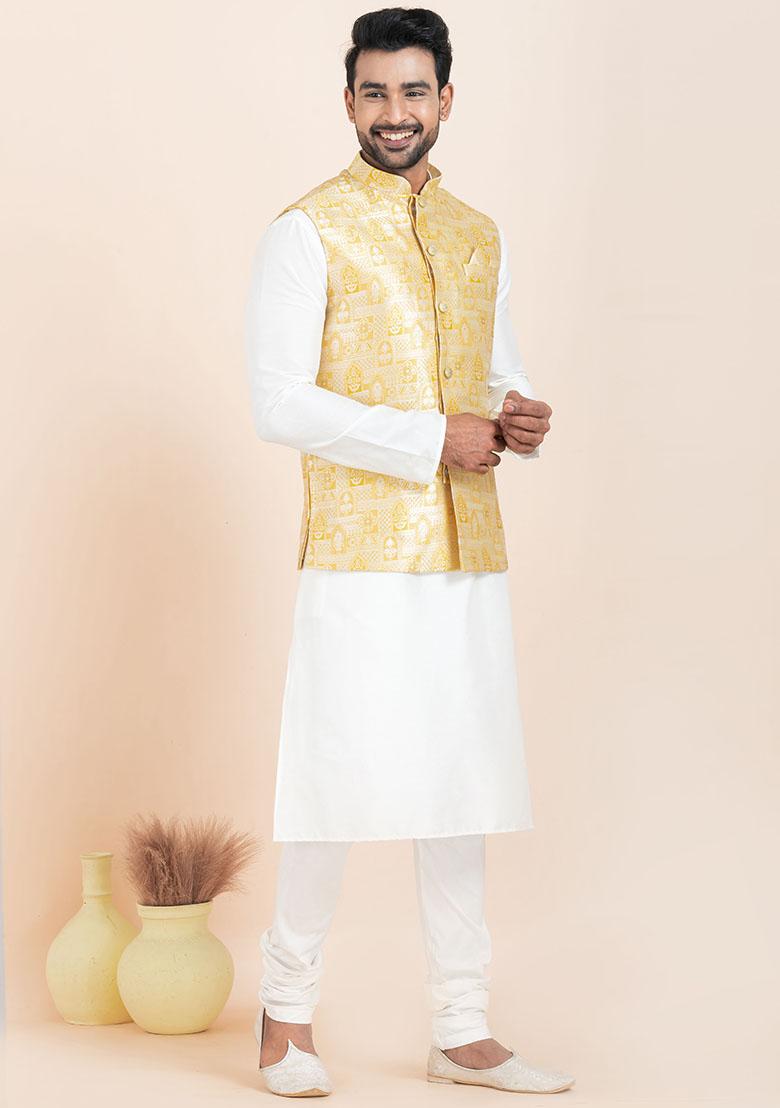 White Solid Silk Kurta Set For Men
