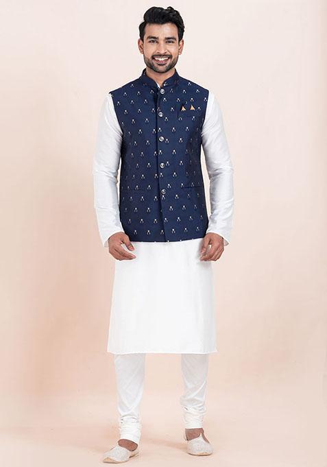 Navy Blue Solid Silk Nehru Jacket For Men
