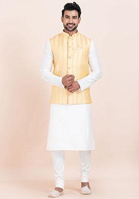 Gold Solid Silk Nehru Jacket For Men