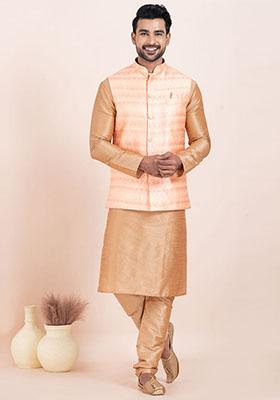 Pink Solid Jacquard Nehru Jacket For Men