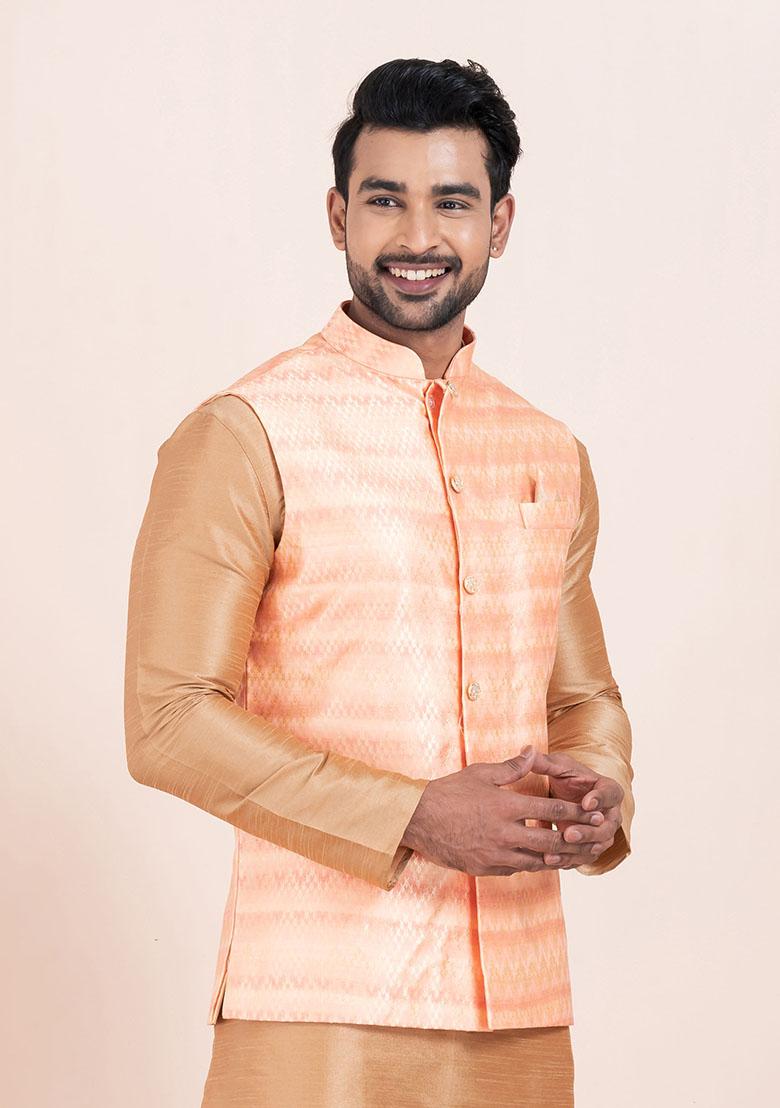 Pink Solid Jacquard Nehru Jacket For Men