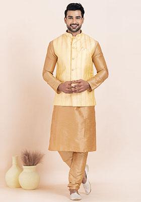 Gold Solid Jacquard Nehru Jacket For Men