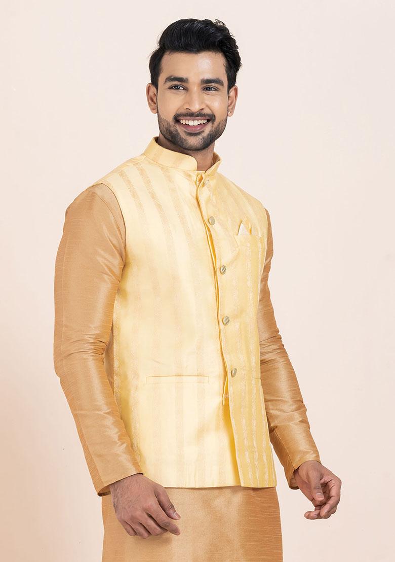 Gold Solid Jacquard Nehru Jacket For Men