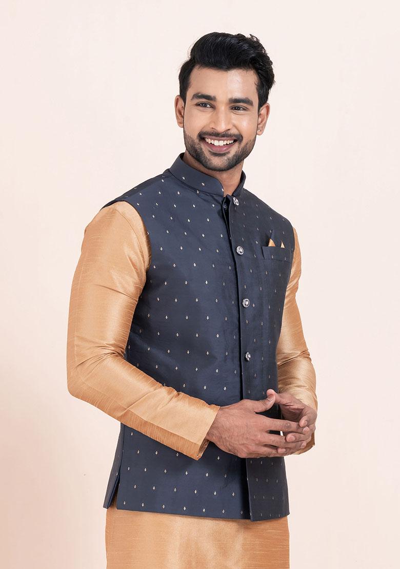 Navy Blue Solid Jacquard Nehru Jacket For Men