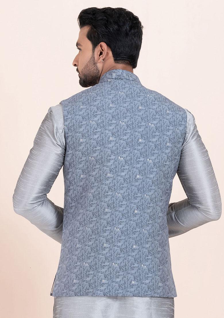 Grey Solid Jacquard Nehru Jacket For Men