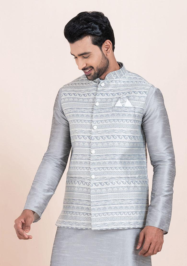 Multicolor Solid Jacquard Nehru Jacket For Men