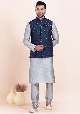 Navy Blue Solid Jacquard Nehru Jacket For Men