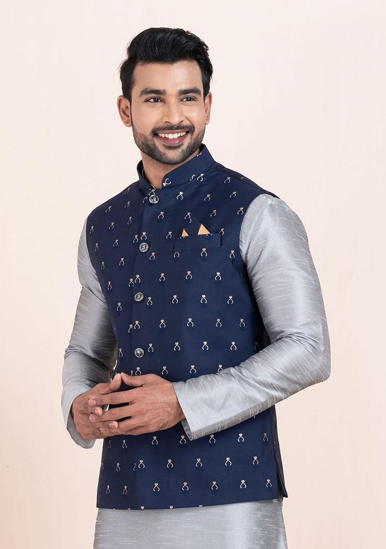 Navy Blue Solid Jacquard Nehru Jacket For Men