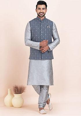 Multicolor Solid Jacquard Nehru Jacket For Men