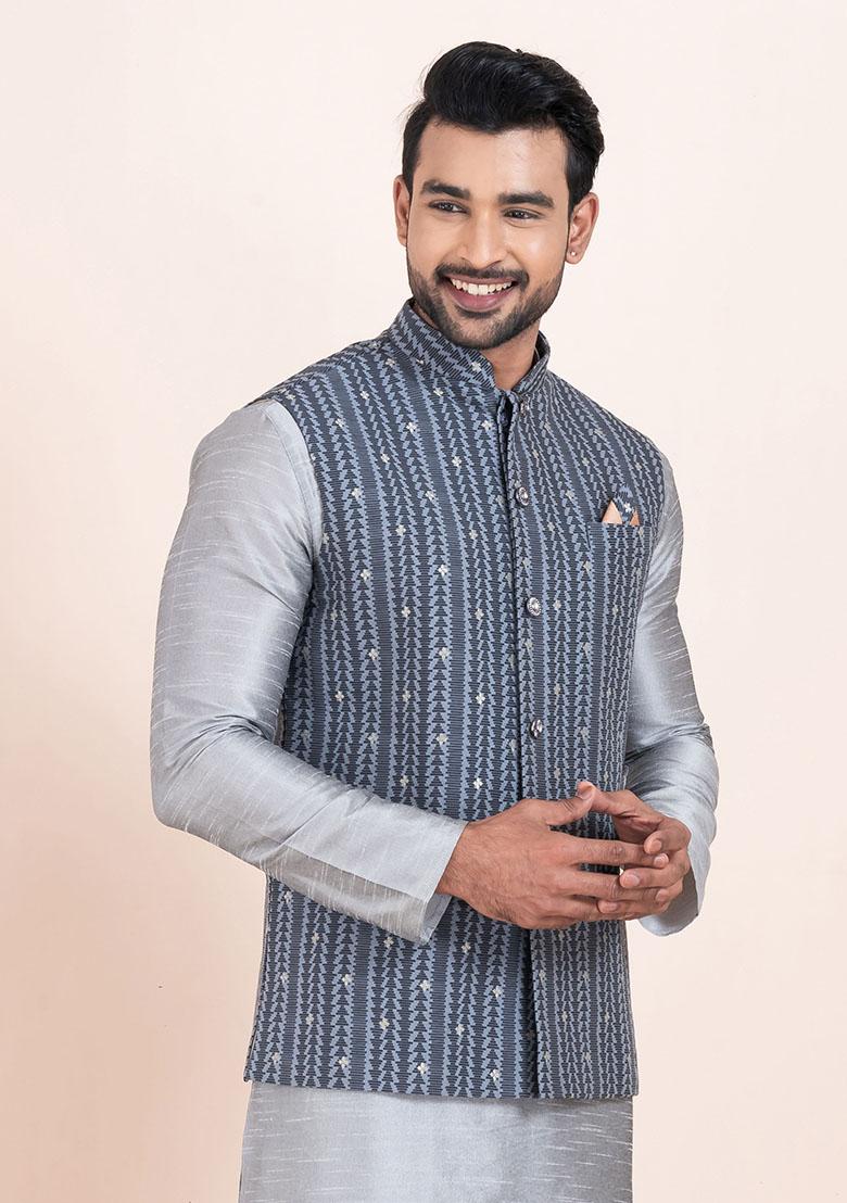 Multicolor Solid Jacquard Nehru Jacket For Men