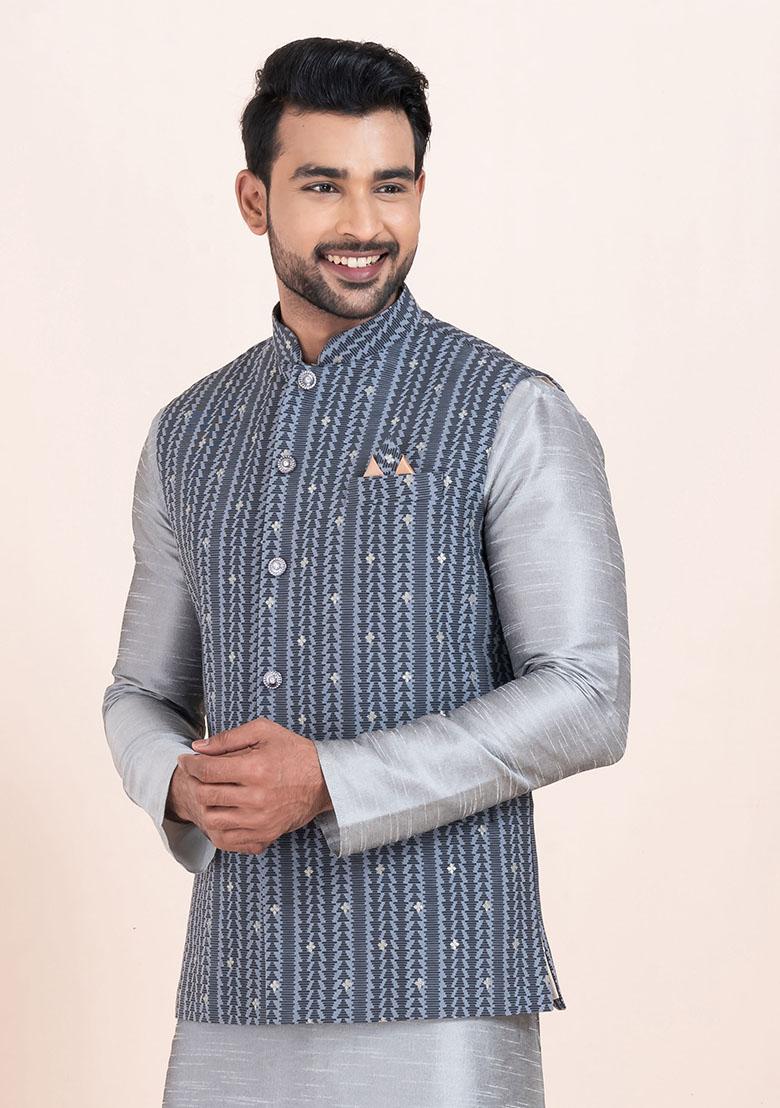 Multicolor Solid Jacquard Nehru Jacket For Men