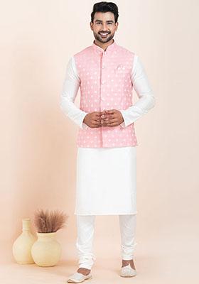 Pink Solid Jacquard Nehru Jacket For Men