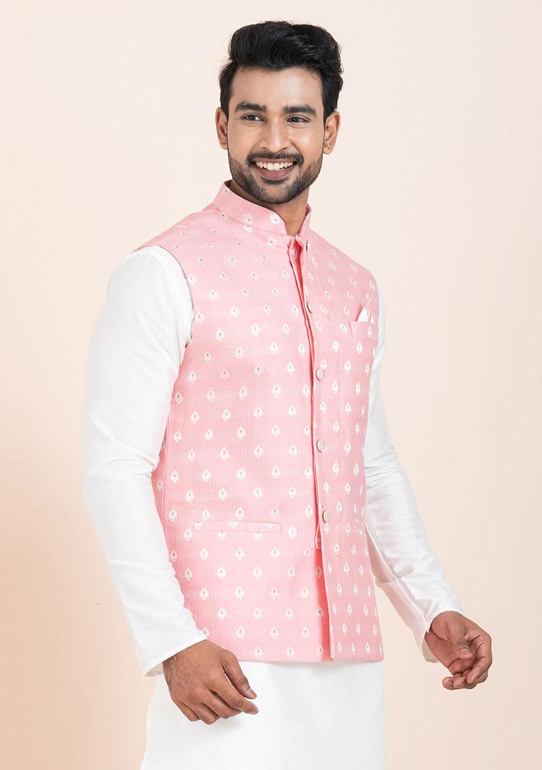 Pink Solid Jacquard Nehru Jacket For Men