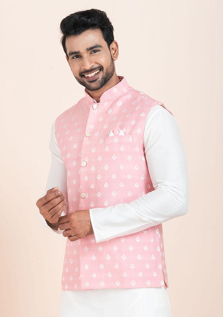 Pink Solid Jacquard Nehru Jacket For Men