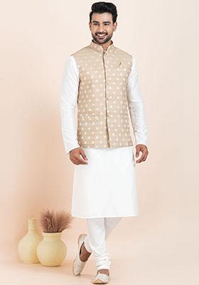 Brown Solid Jacquard Nehru Jacket For Men