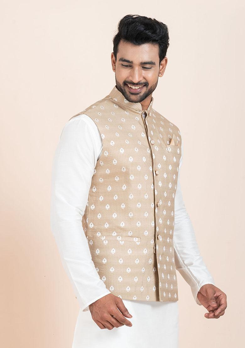 Brown Solid Jacquard Nehru Jacket For Men
