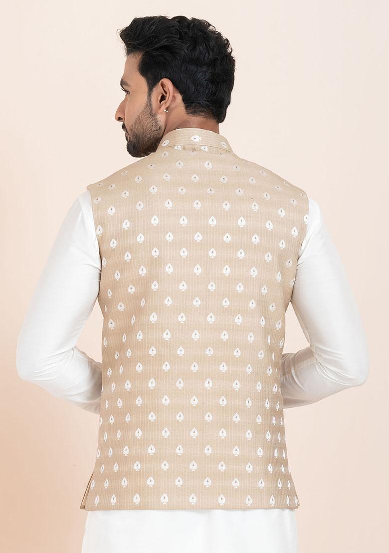 Brown Solid Jacquard Nehru Jacket For Men - Indya