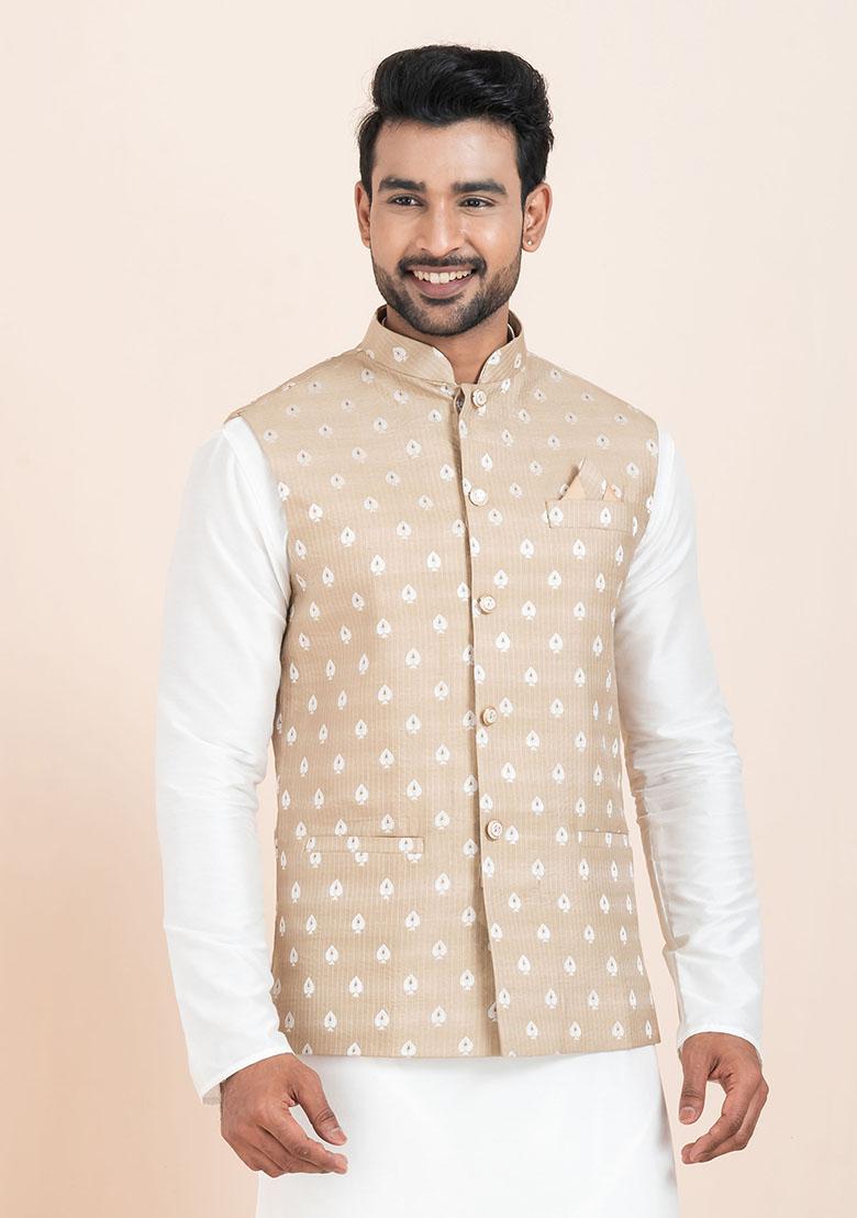 Brown Solid Jacquard Nehru Jacket For Men - Indya