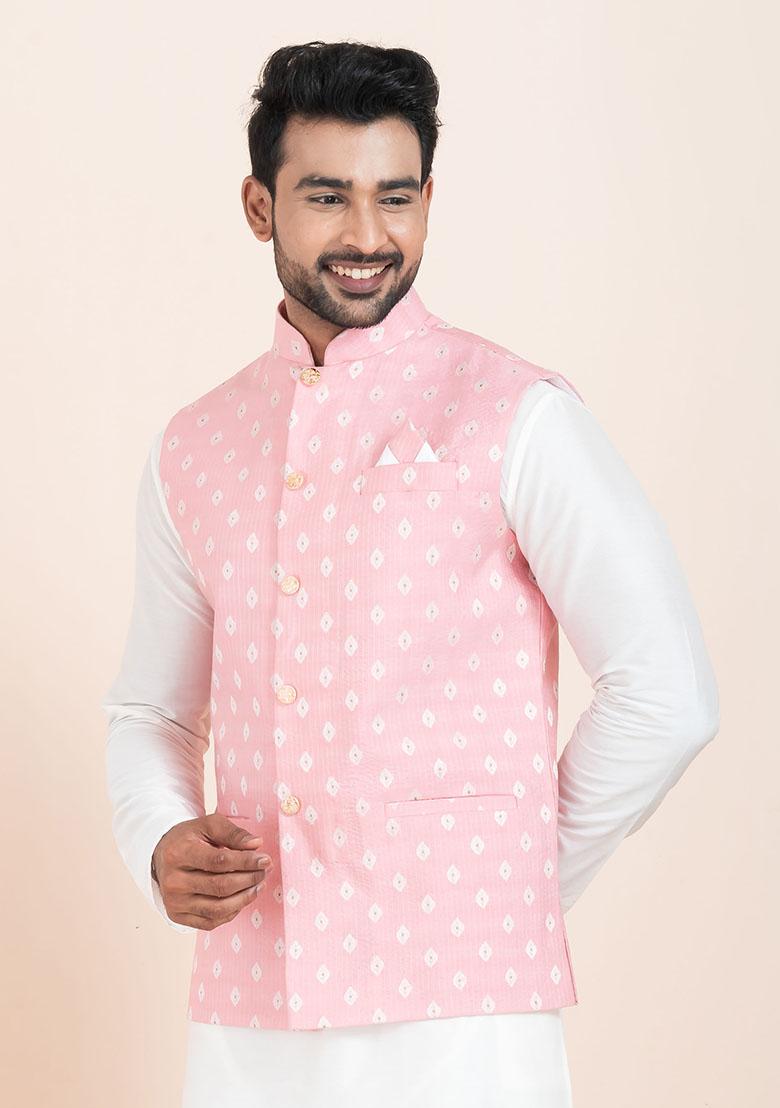 Pink Solid Jacquard Nehru Jacket For Men