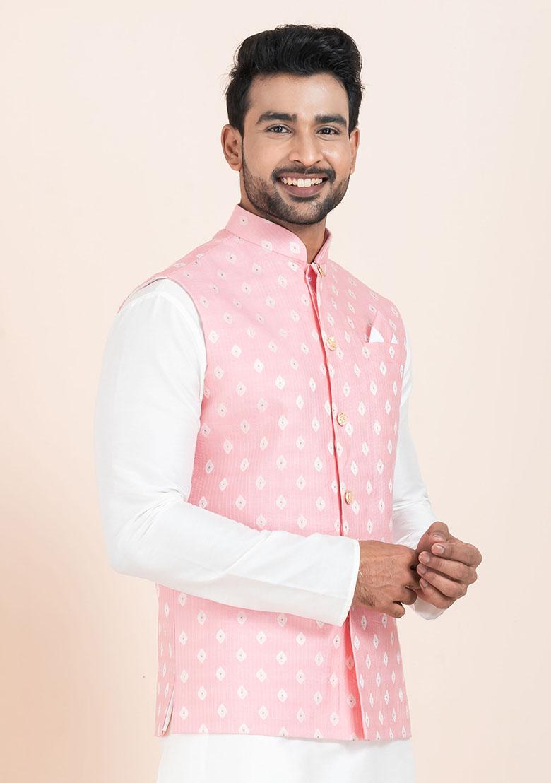 Pink Solid Jacquard Nehru Jacket For Men
