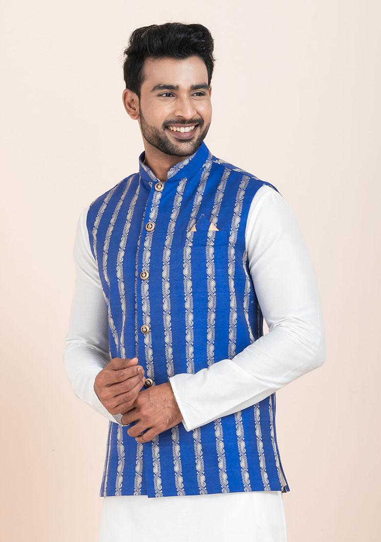 Multicolor Solid Jacquard Nehru Jacket For Men