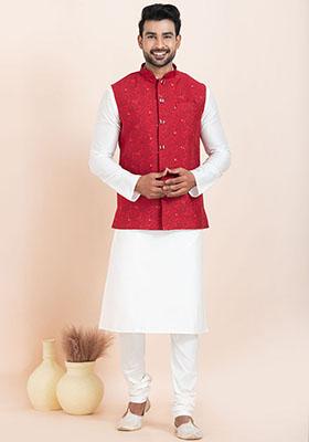 Red Solid Jacquard Nehru Jacket For Men