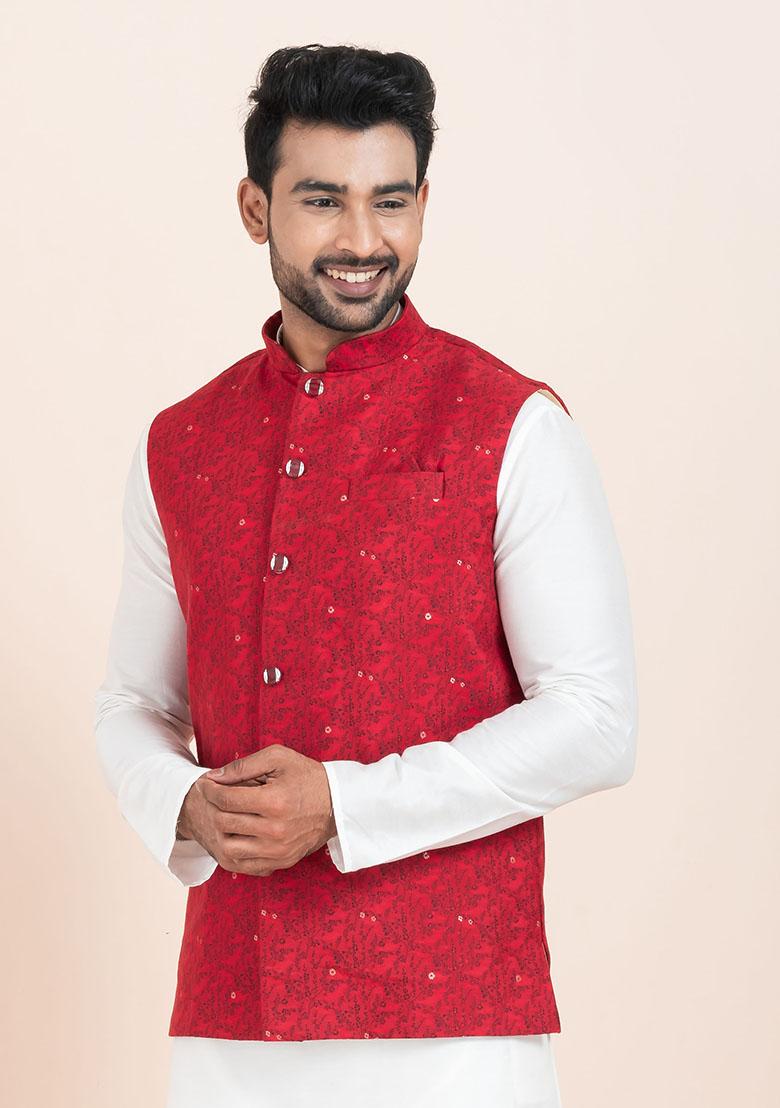 Red Solid Jacquard Nehru Jacket For Men