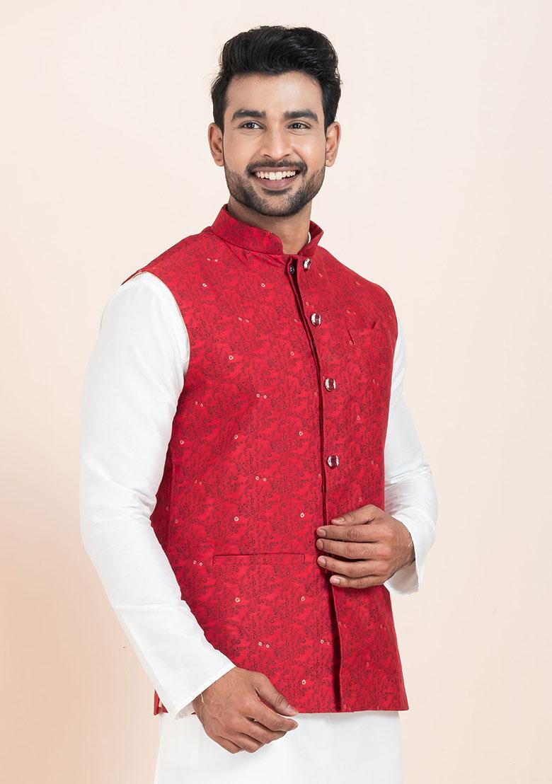 Red Solid Jacquard Nehru Jacket For Men