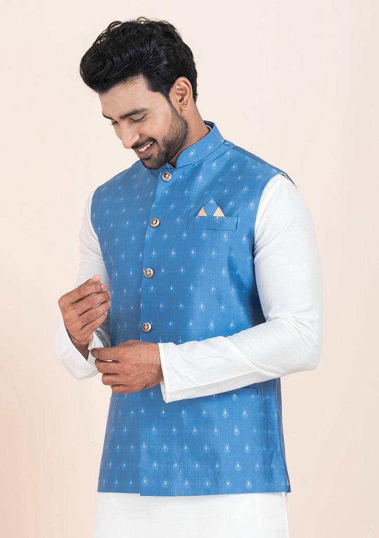 Blue Solid Jacquard Nehru Jacket For Men