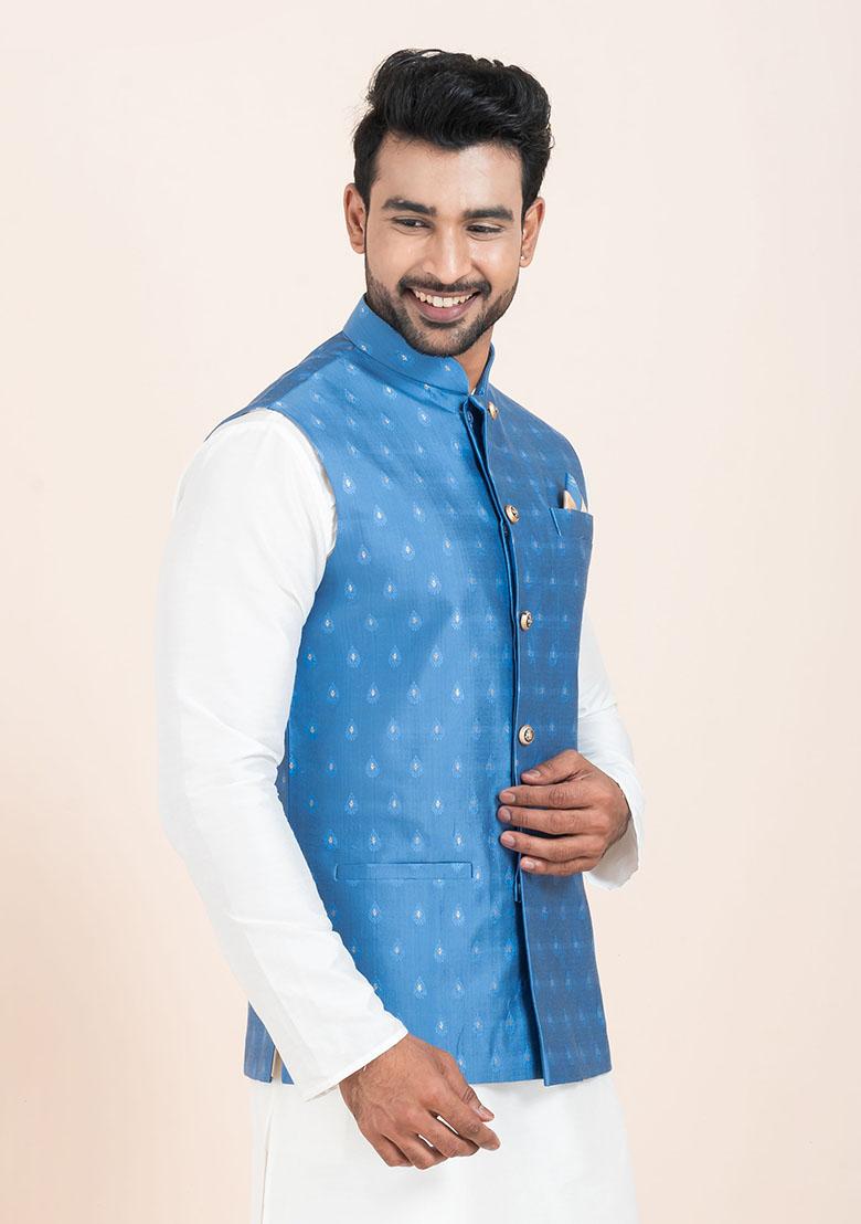 Blue Solid Jacquard Nehru Jacket For Men